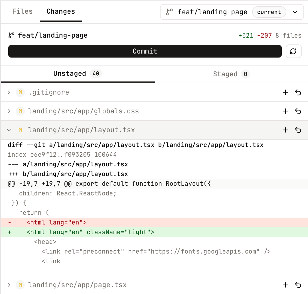 Switchboard git panel showing branch, changes, and diff review