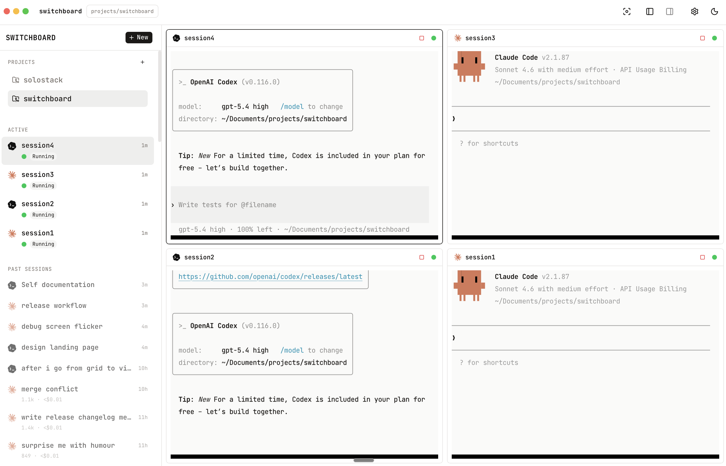 Switchboard grid view showing multiple agent sessions in parallel